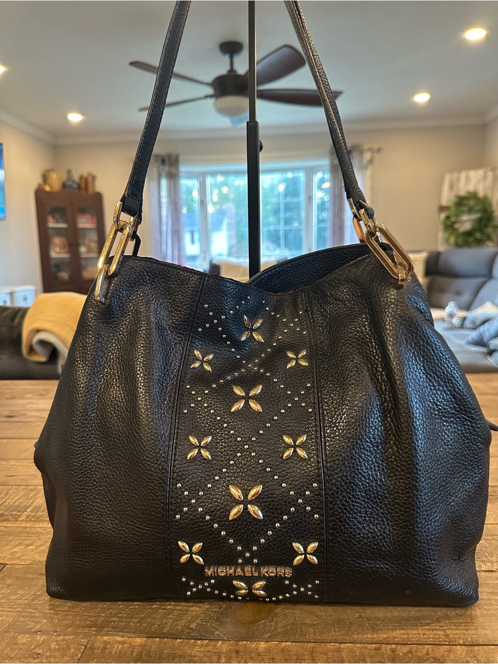 Michael Kors Leighton Black Pebbled Leather Shoulder Bag with Studded Detail